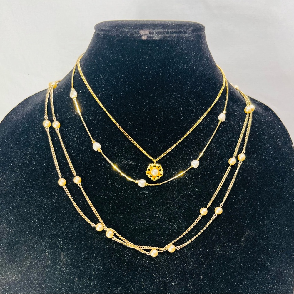 Gold Multi-Layer Necklace with Pearl Accents